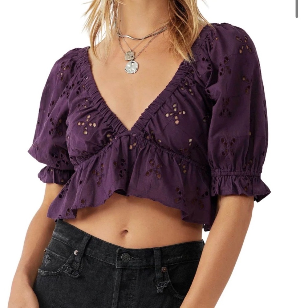 Free People Gardenia Top Purple Eyelet  V-Neck Peplum Puff Sleeve Boho Large